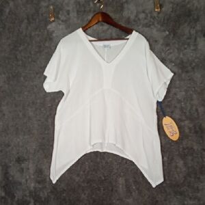 Oh My Gauze! White V-Neck Short Sleeve Top Vacation Cotton Size 2 Us L/XL